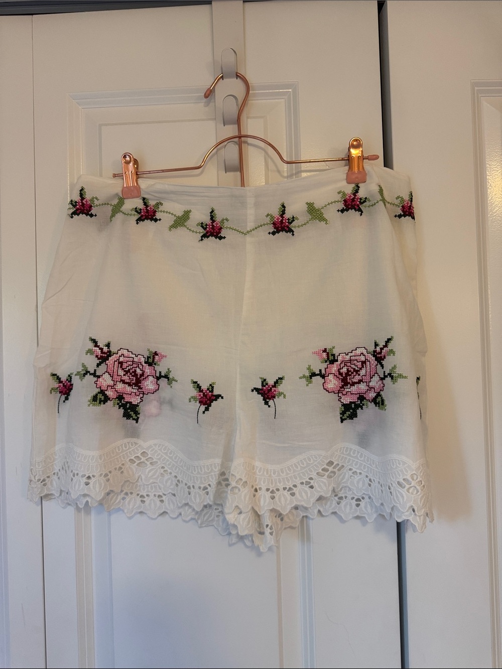 Reclaimed Vintage White Shorts with Pink Rose Embroidery